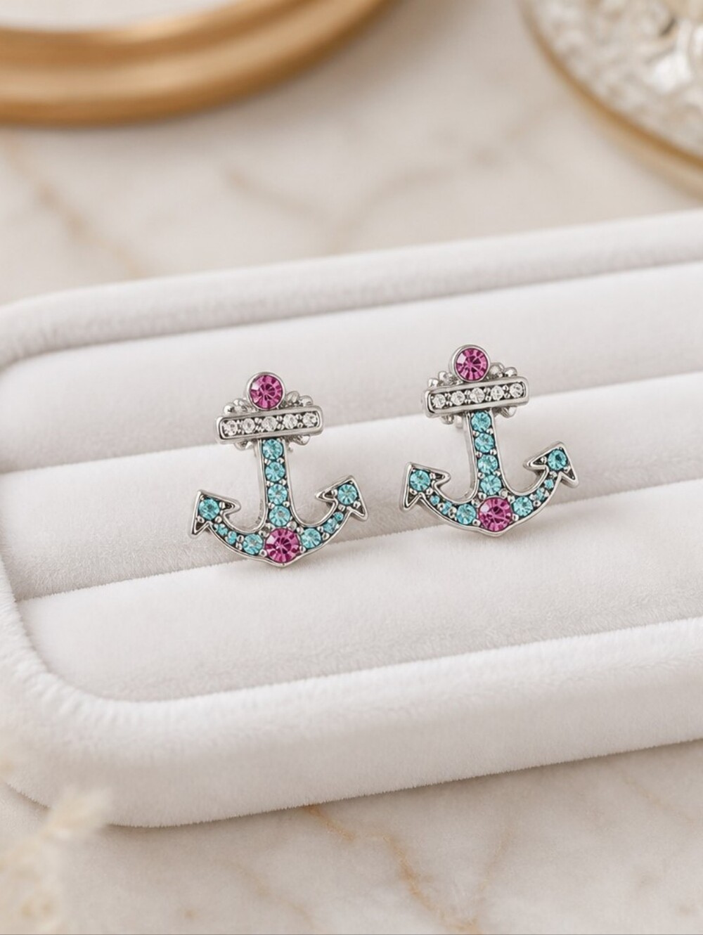 Betsey Johnson Vintage Y2K Anchor Stud Earrings Silver Pink Blue Rhinestone Pair
